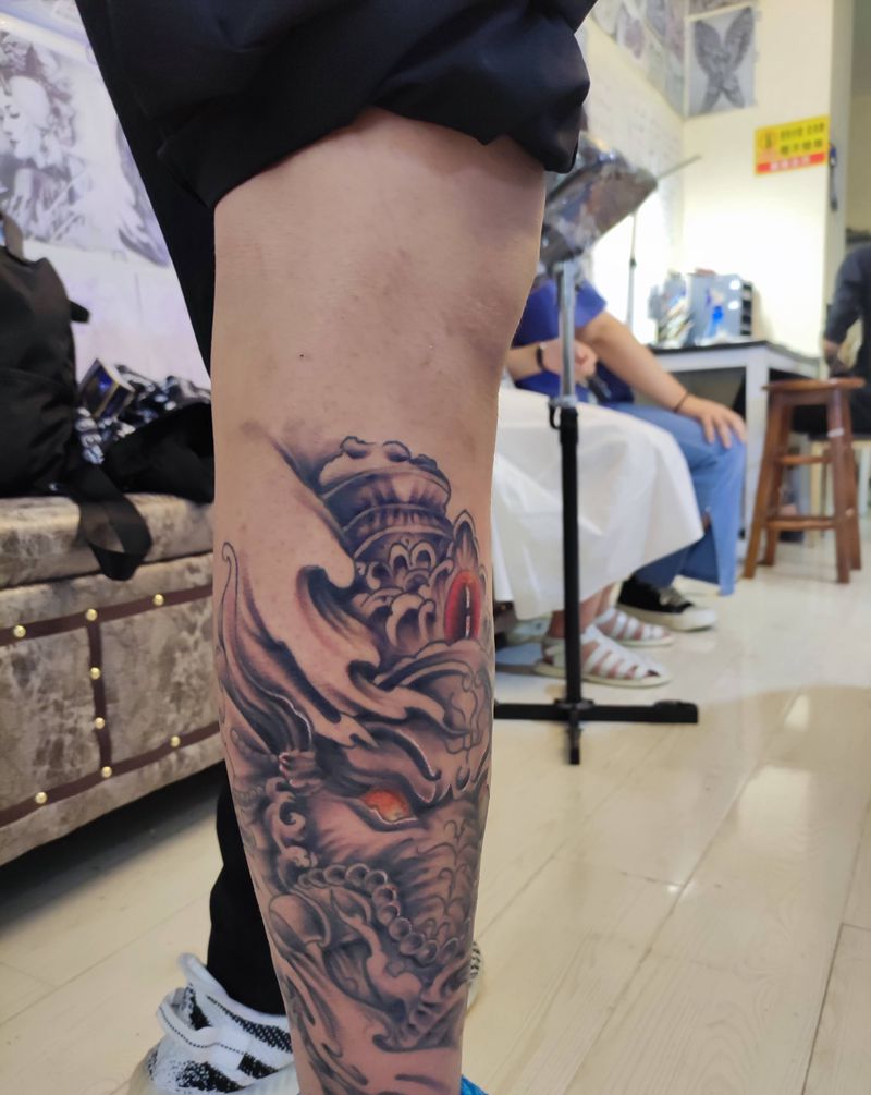 象神纹身图片_腿部新传统纹身图案