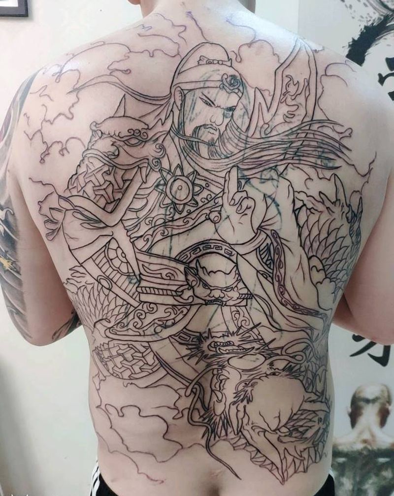 满背关公纹身图片_背部新传统纹身图案