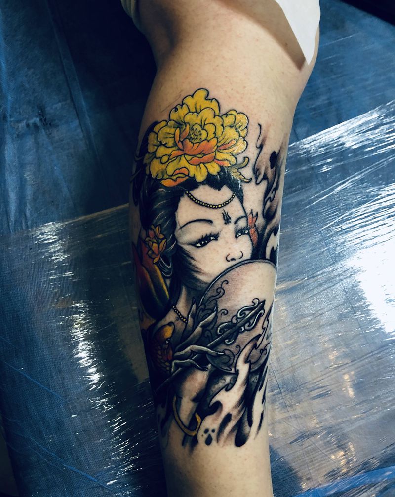 修改艺妓老图纹身图片_腿部新传统纹身图案