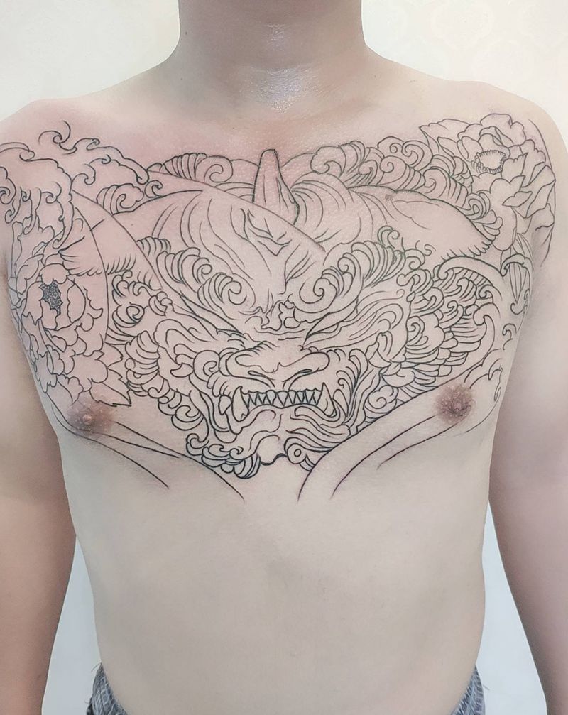 花胸唐狮纹身图片_胸部新传统纹身图案