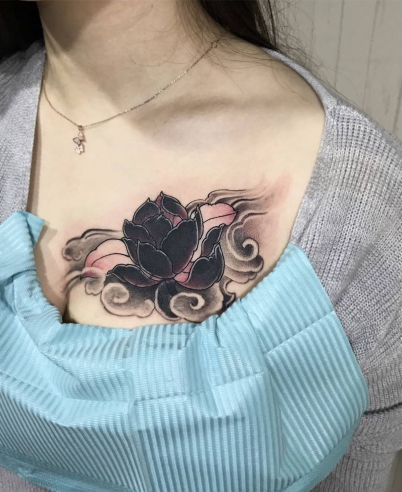 中国风荷花纹身图片_成品胸部传统植物习俗静物纹身图案