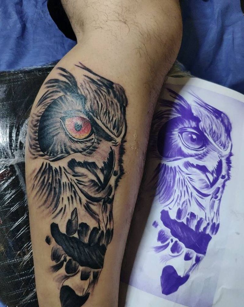 猫头鹰纹身图片_腿部欧美写实纹身图案