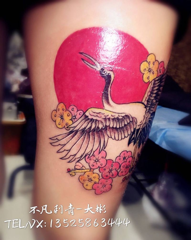 仙鹤纹身图片_成品腿部传统清新贴纸动物纹身图案