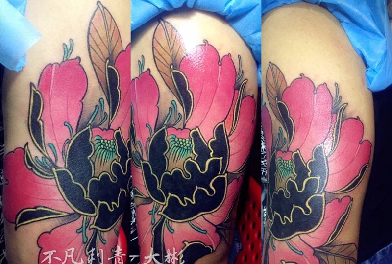 牡丹花遮盖纹身图片_成品手臂肩部传统原创遮盖植物纹身图案