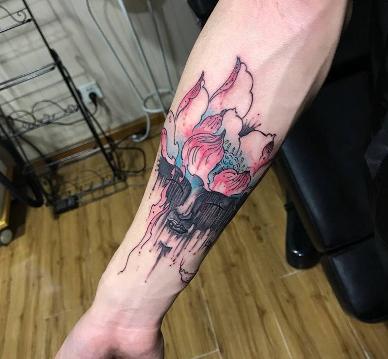 水墨佛纹身图片_成品手臂传统习俗人物植物宗教手部纹身图案