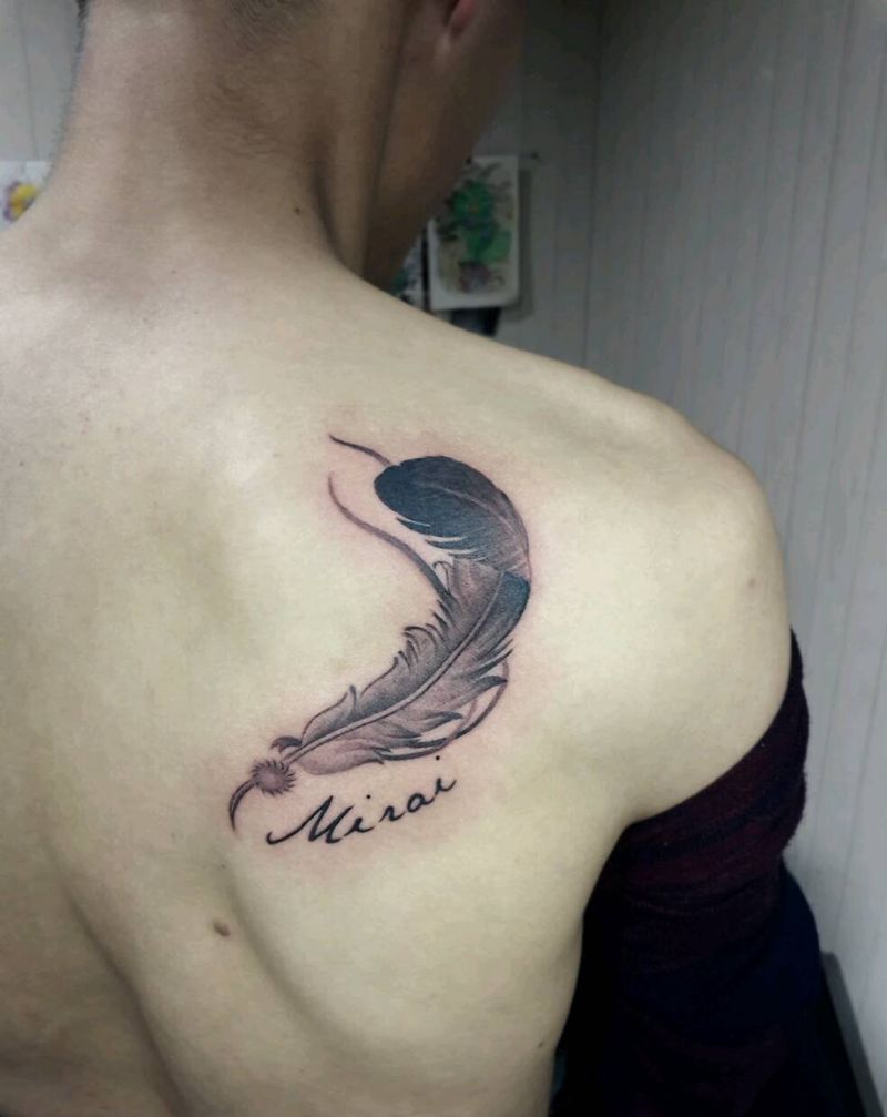 情侣羽毛纹身图片_肩部手部清新成品纹身图案