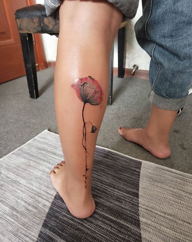 罂粟纹身图片_腿部水墨纹身图案
