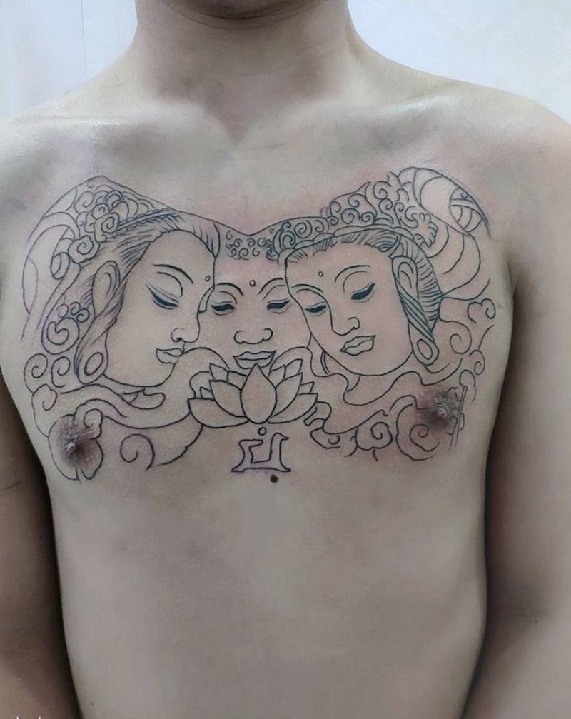 三面佛线条纹身图片_胸部新传统三面佛纹身图案