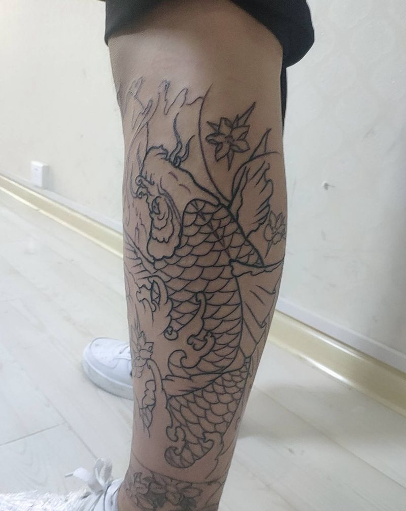 鲤鱼线条纹身图片_腿部新传统纹身图案
