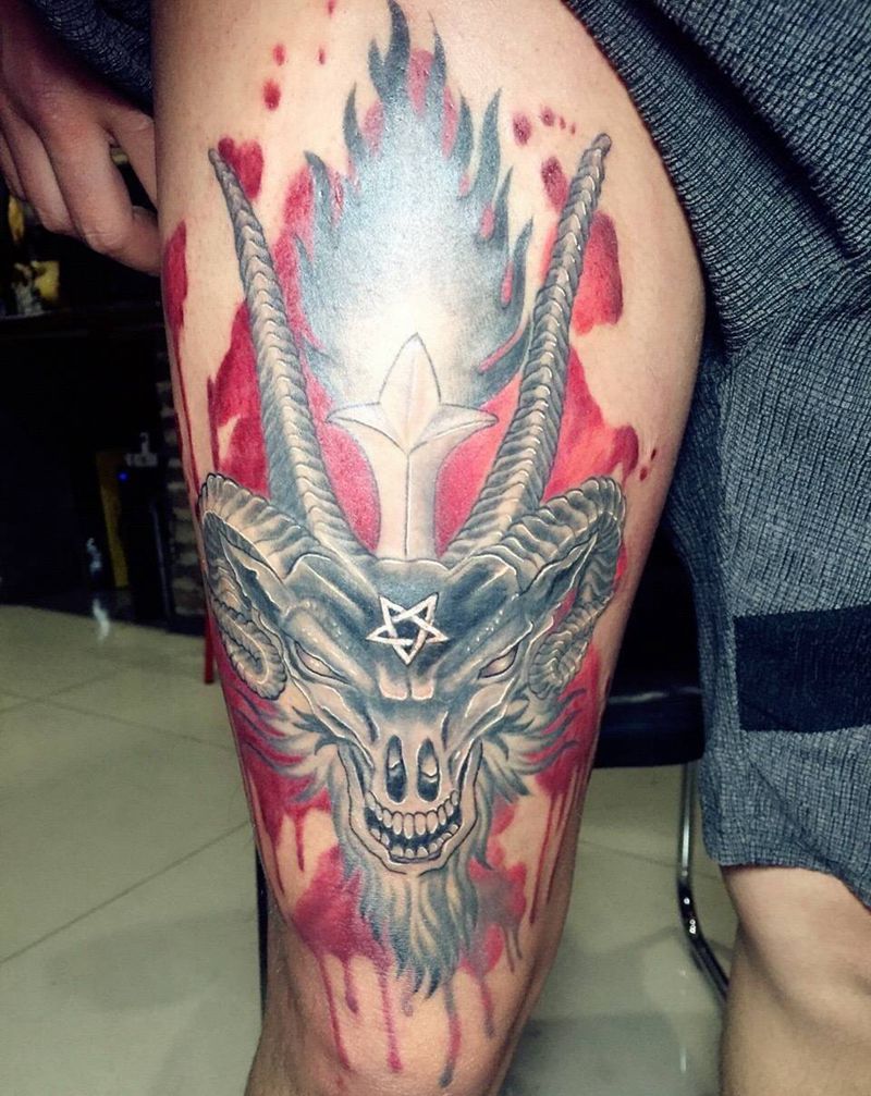 撒旦羊头纹身图片_成品腿部欧美几何动物纹身图案