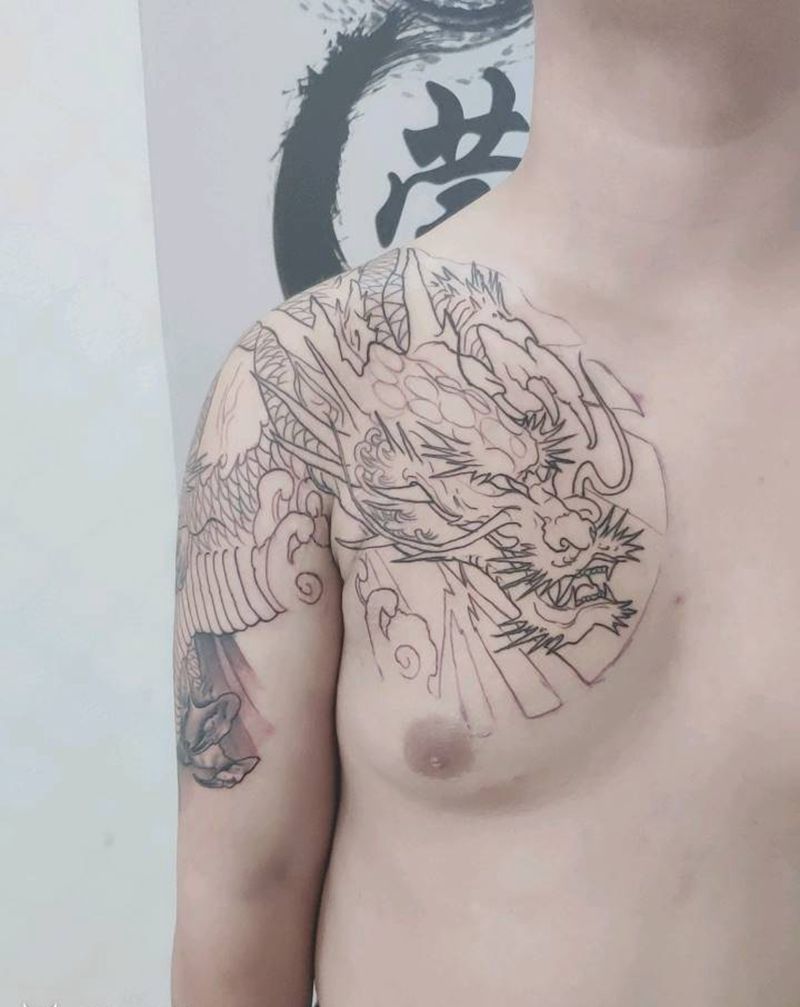 龙半甲纹身图片_手臂胸部新传统纹身图案