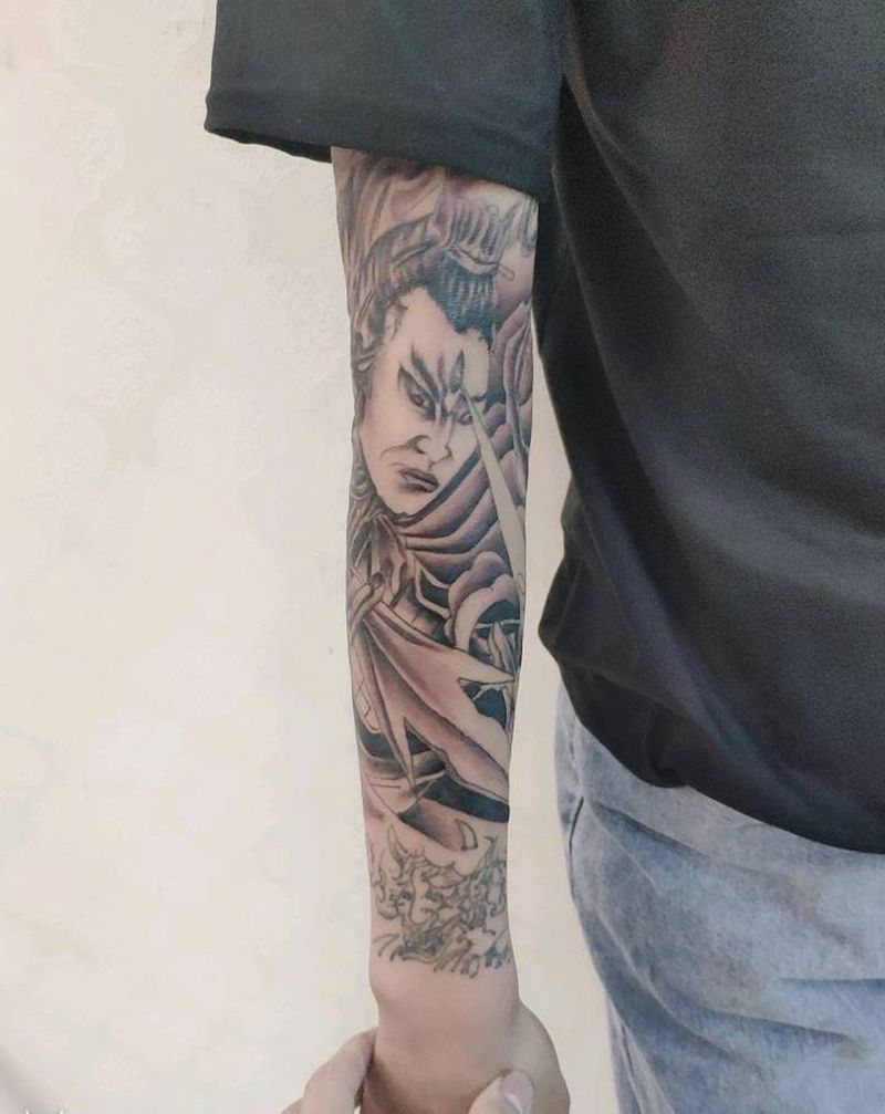 二郎神上色纹身图片_手臂新传统纹身图案