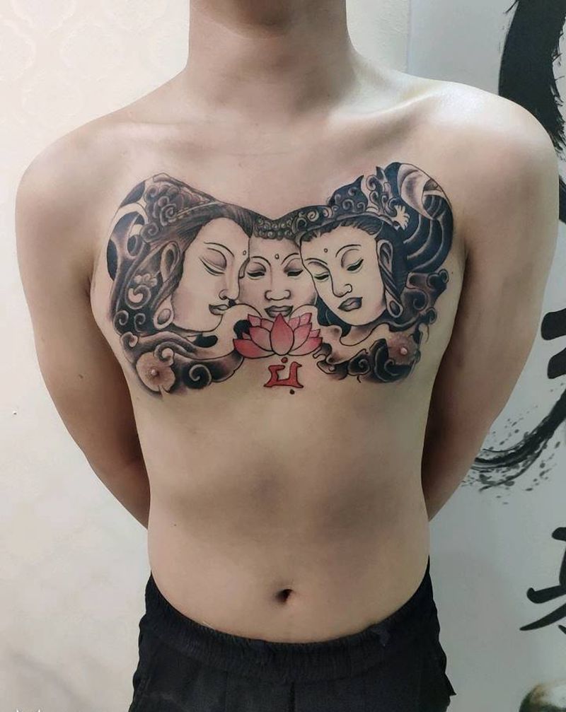 三面佛纹身图片_胸部新传统纹身图案