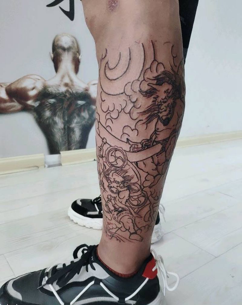 小腿风神雷神纹身图片_腿部老传统纹身图案