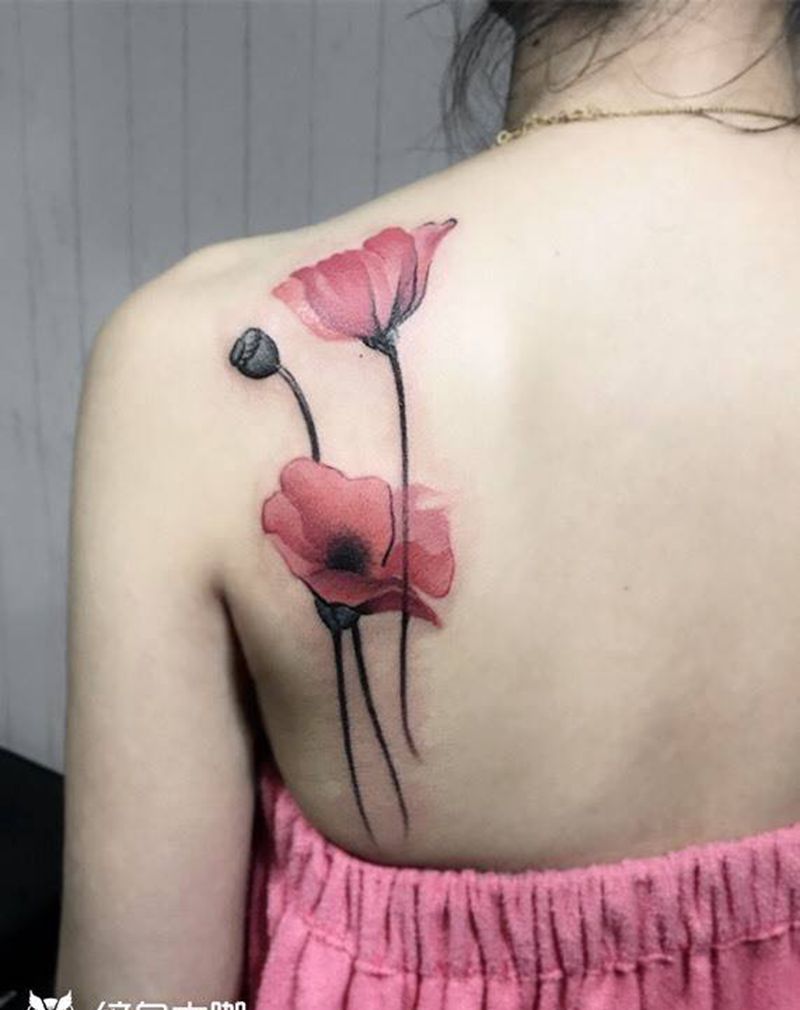 水彩罂粟花纹身图片_成品肩部背部清新植物唯美贴纸静物纹身图案