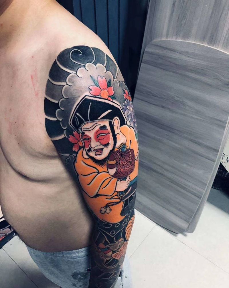 花臂 福星老头纹身图片_手臂新传统纹身图案