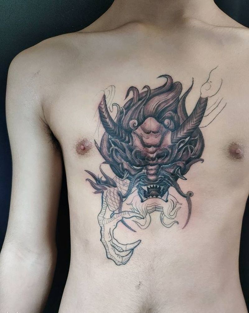 龙头纹身图片_胸部新传统纹身图案