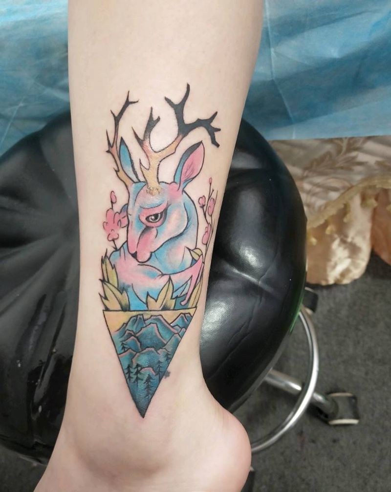 鹿遮盖月亮纹身图片_腿部New School水彩纹身图案