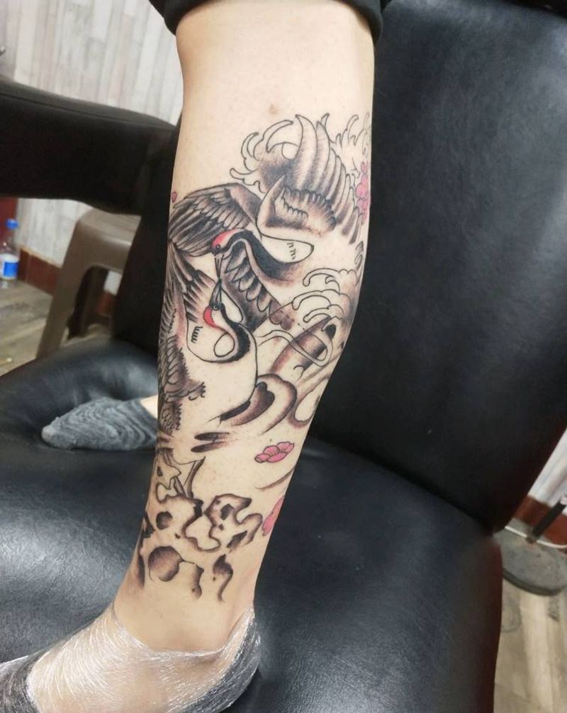 仙鹤包小腿纹身图片