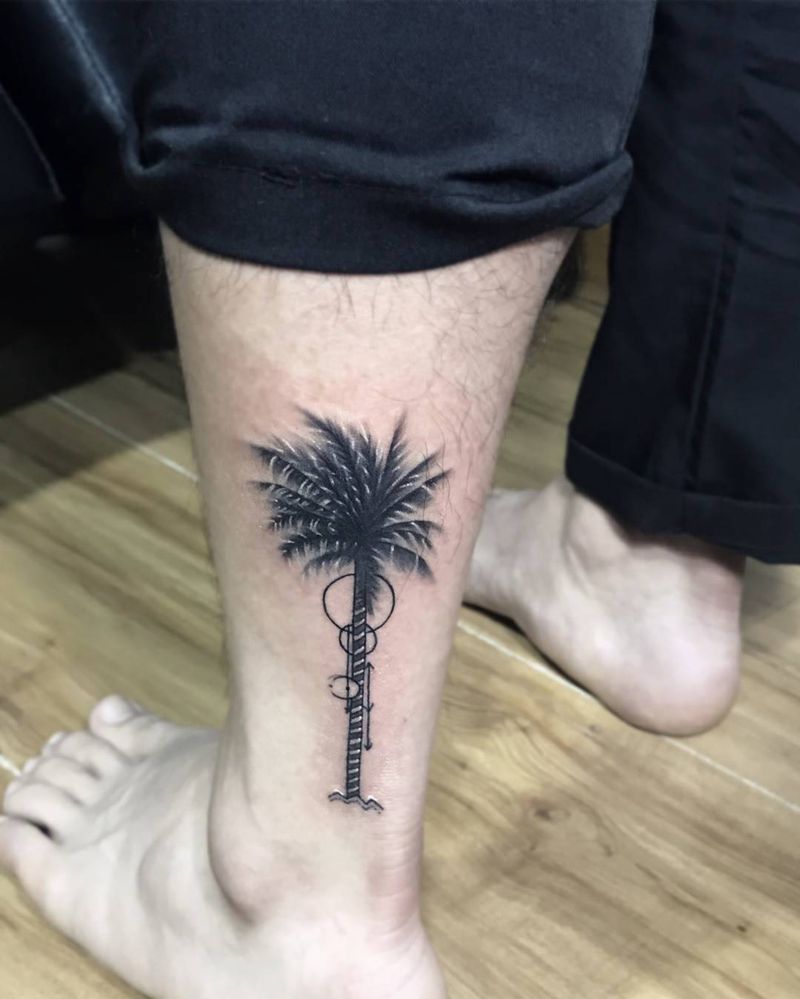 椰子树纹身图片_成品脚部清新植物几何纹身图案