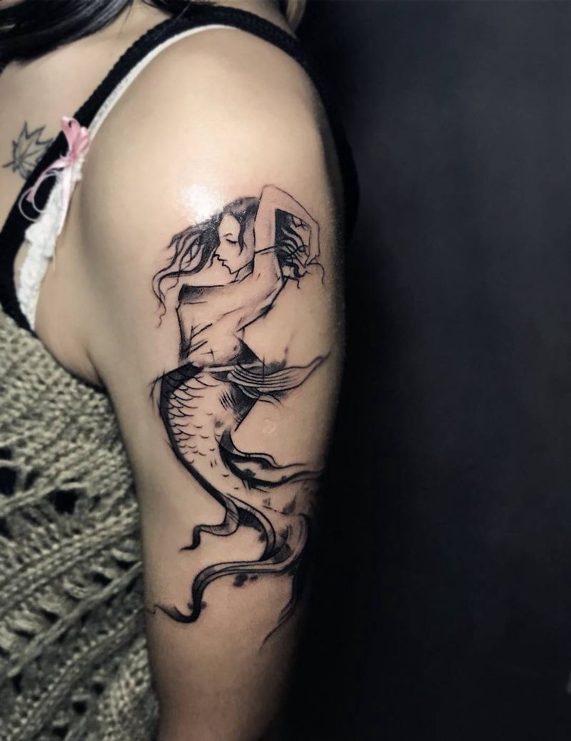 美人鱼纹身图片_成品手臂手部欧美清新人物纹身图案