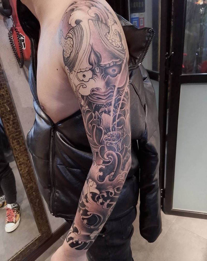 般若花臂纹身图片_手臂手部新传统般若莲花水浪纹身图案