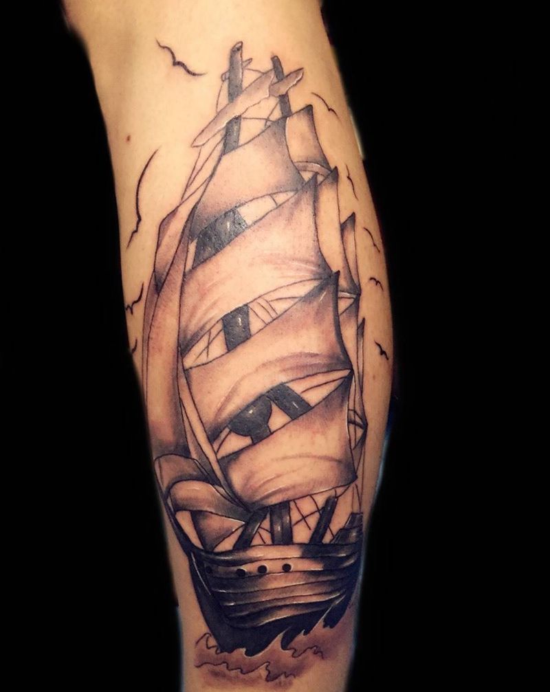 帆船纹身图片_腿部成品欧美纹身图案