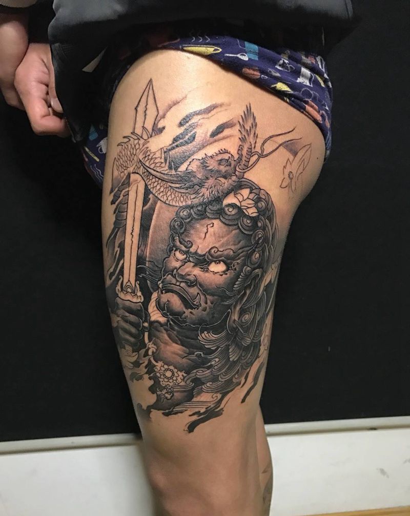 大腿不动明王纹身图片_成品臀部腿部传统肖像写实人物宗教纹身图案