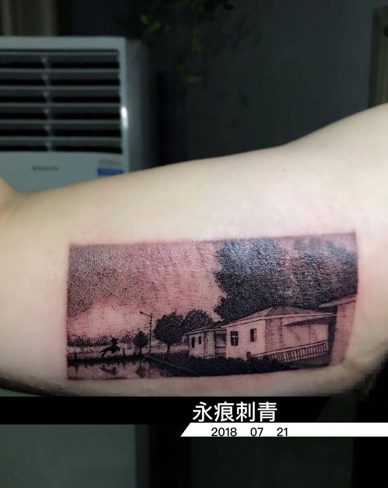 家乡一隅纹身图片_成品手臂欧美写实清新静物植物原创动物纹身图案