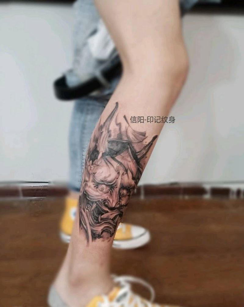 般若纹身图片_腿部新传统纹身图案