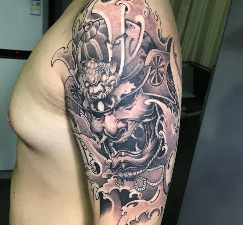 般若武士纹身图片_成品手臂传统人物鬼神写实肖像纹身图案