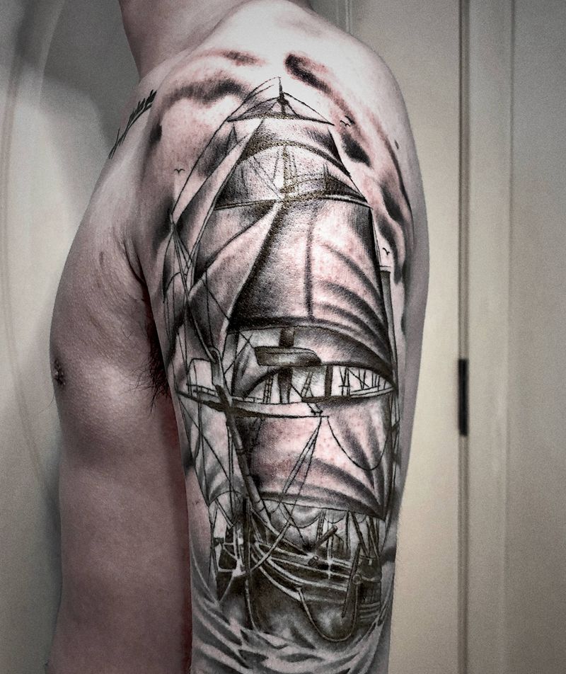 帆船纹身图片_手臂欧美写实纹身图案