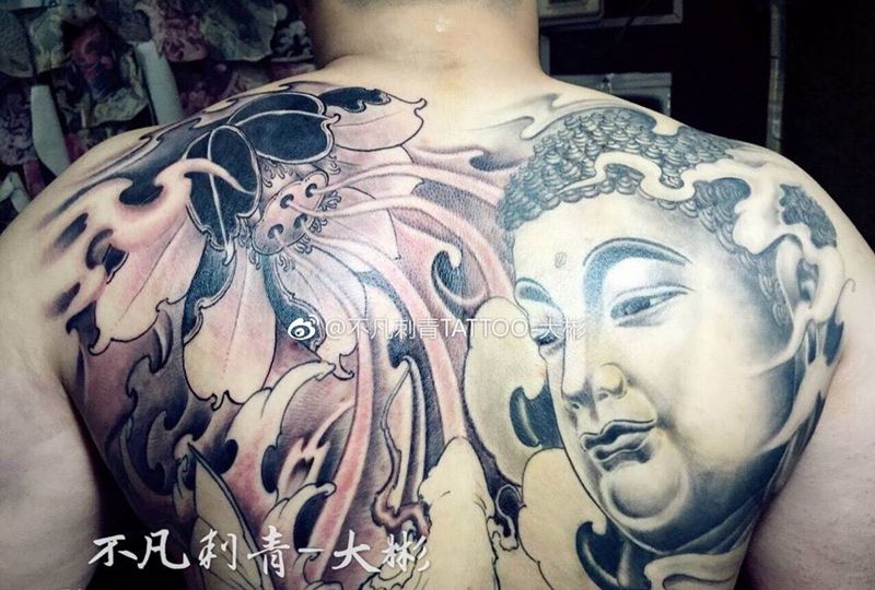 设计满背半成品纹身图片_成品背部传统原创鲤鱼宗教鬼神动物佛纹身图案