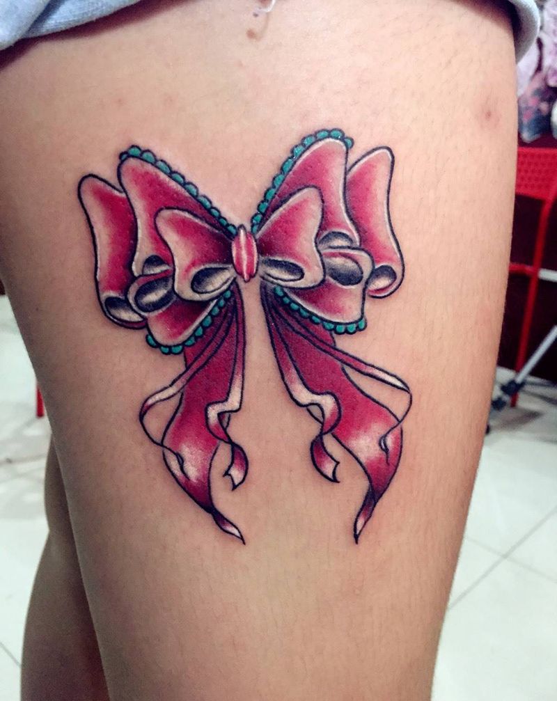 蝴蝶结纹身图片_成品腿部清新静物贴纸纹身图案