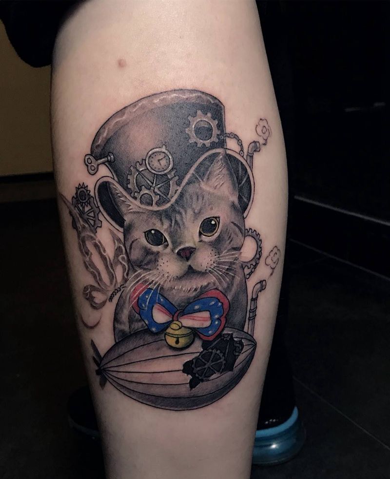 原创猫咪纹身图片_成品腿部欧美清新动物原创纹身图案