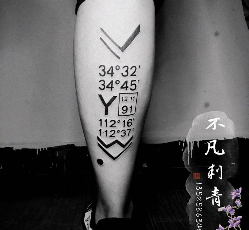 经纬度坐标➕生日纹身图片_腿部几何纹身图案