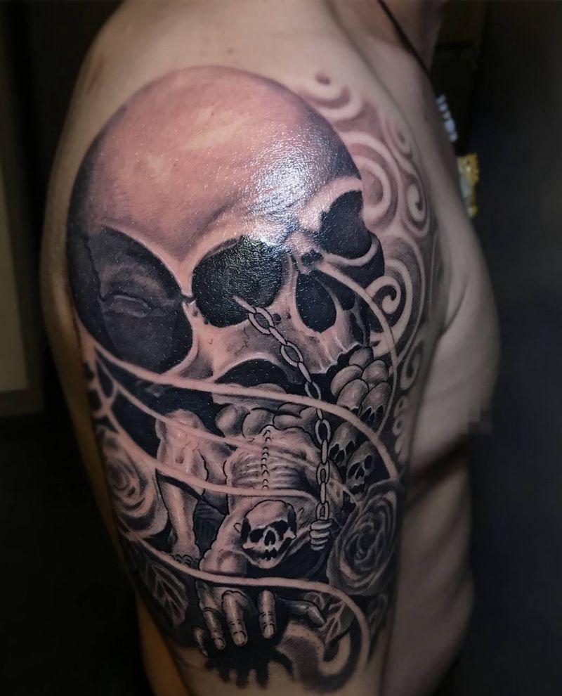 欧美骷髅纹身图片_成品欧美手部肩部鬼神纹身图案