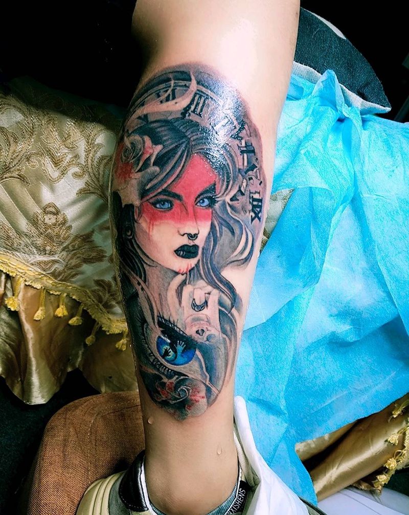 欧美纹身图片_腿部水彩纹身图案