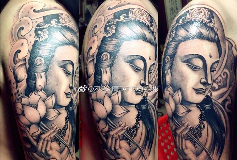 大势至菩萨纹身图片_成品手臂传统鬼神宗教人物佛纹身图案