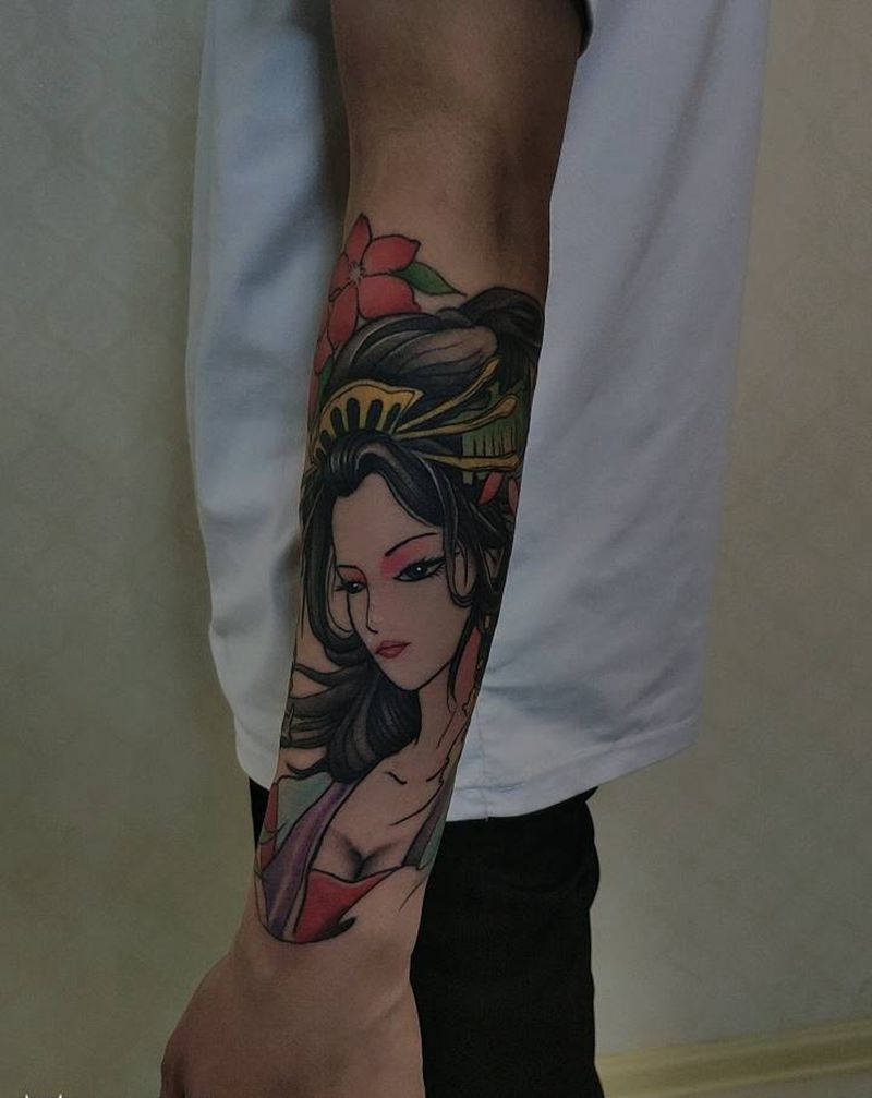 艺妓纹身图片_手臂新传统纹身图案