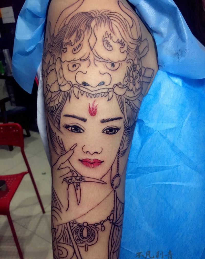 艺妓线条纹身图片_人物传统手臂成品艺姬艺妓纹身图案