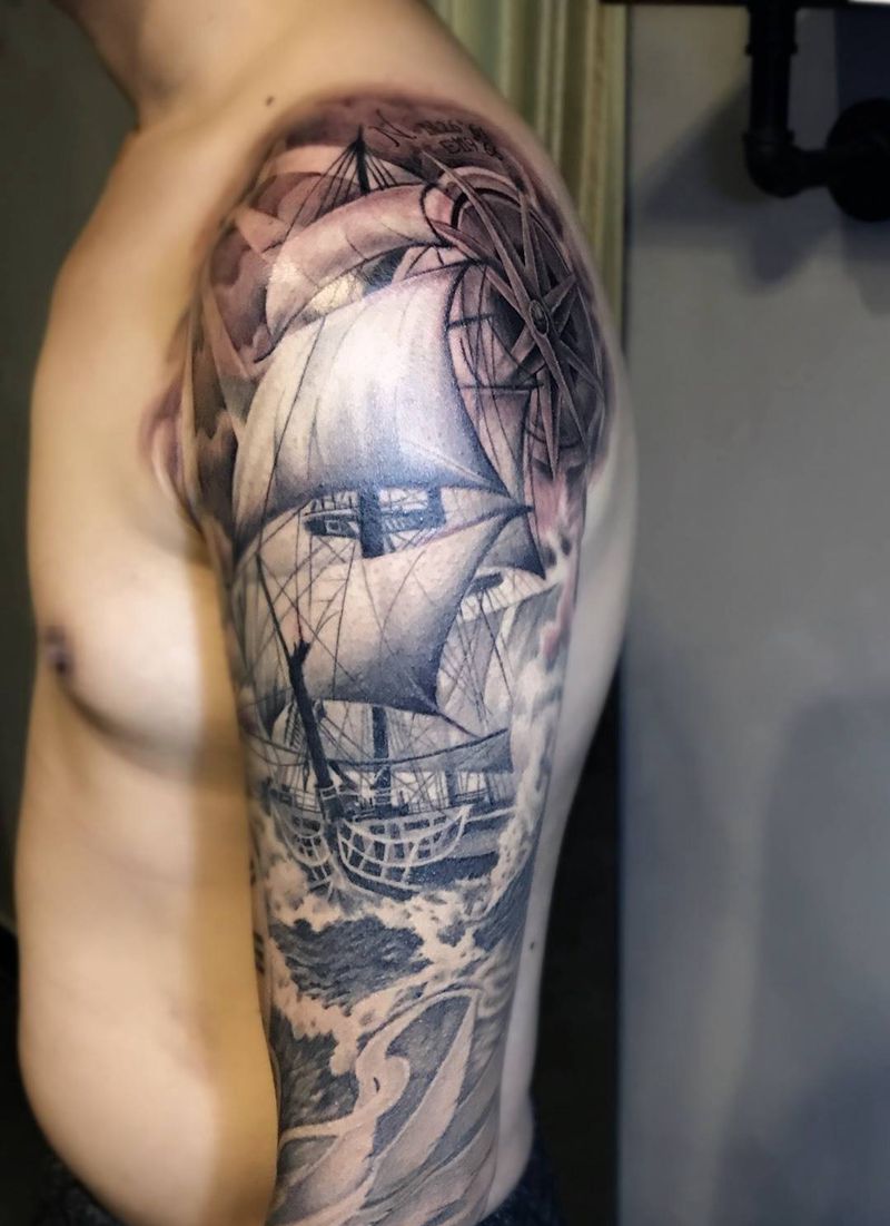 欧美花臂纹身图片_成品肩部手臂欧美写实几何静物纹身图案