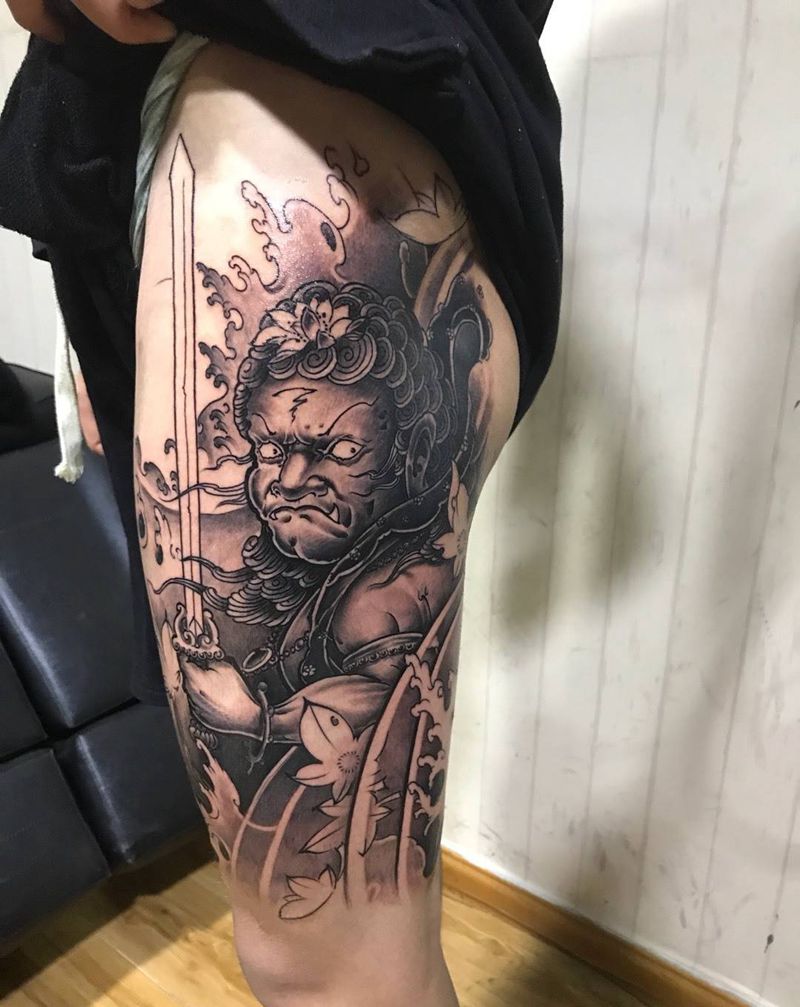 不动明王纹身图片_成品腿部传统肖像宗教人物纹身图案
