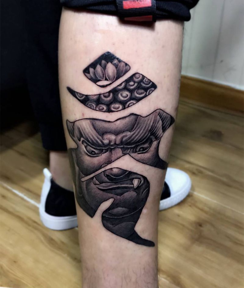 不动明王纹身图片_成品腿部传统肖像写实人物宗教字符纹身图案