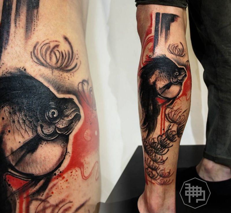 鱼纹身图片_成品腿部脚部国画欧美字符原创纹身图案