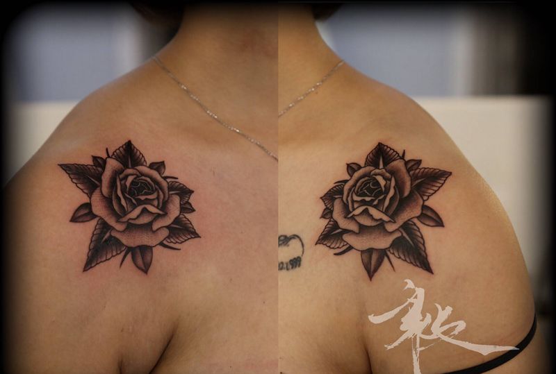 oldschool玫瑰纹身图片_肩部Old School点刺玫瑰纹身图案