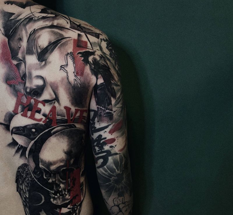 善与恶纹身图片_背部肩部水墨水彩纹身图案