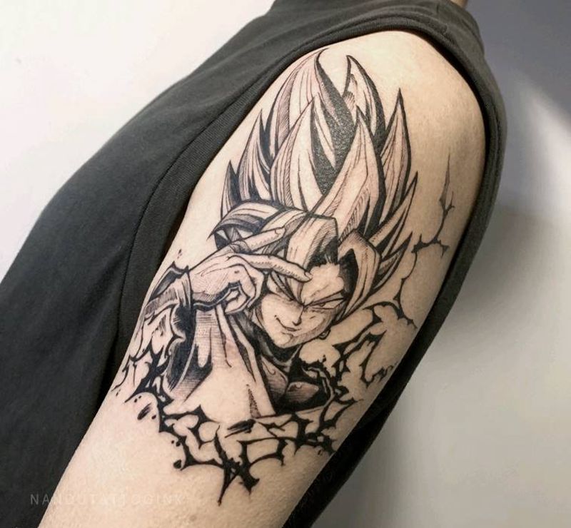 龙珠悟空，超级赛亚人纹身图片_手部手臂New School龙珠孙悟空纹身图案