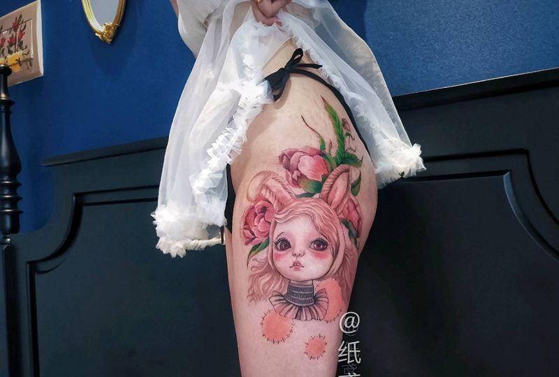 芍药娃娃纹身图片_New School纹身图案