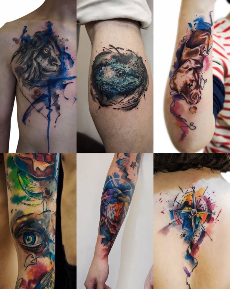 泼墨水彩纹身图片_成品欧美国画原创纹身图案